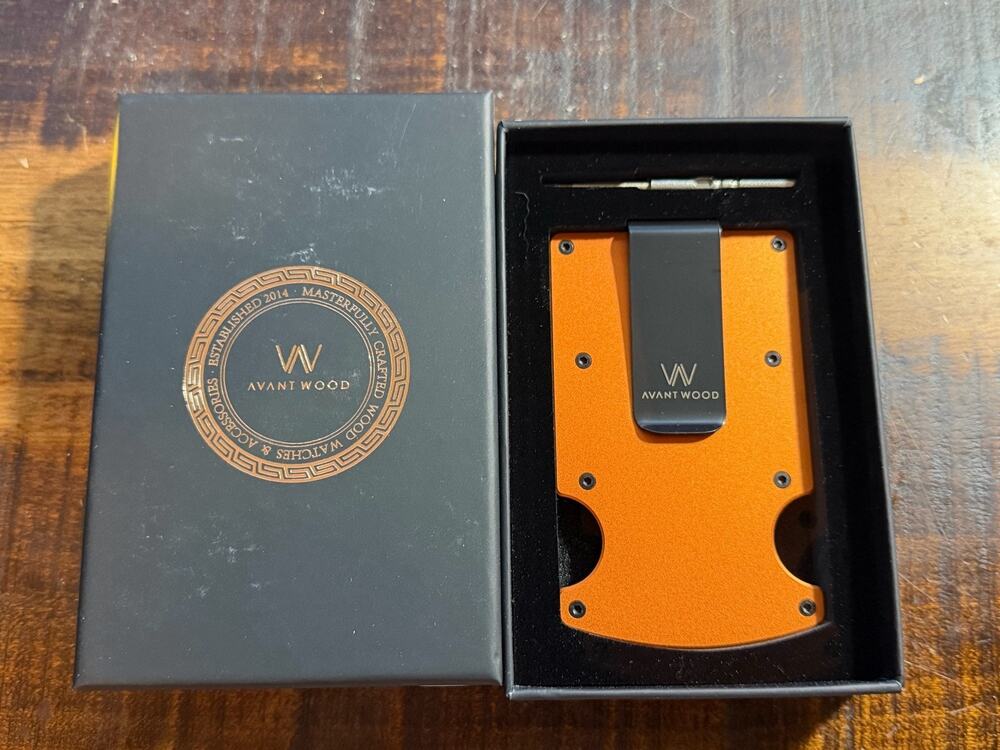 Avant Wood Minimalist Metal Wallet Card Holder with Money Clip Orange